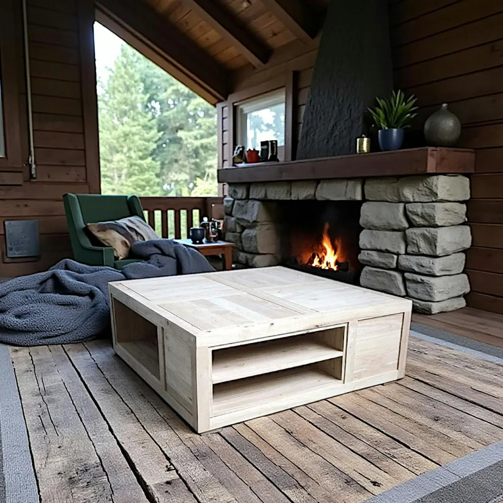 Tables Basses Carrées|Helena Table basse carrée avec casiers hévéa 100x100x38cm