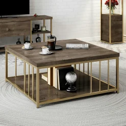 Tables Basses Carrées|JENA Table basse carrée effet bois foncé & structure dorée