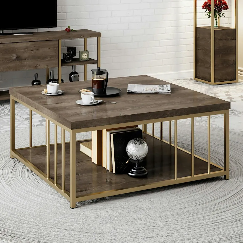 Tables Basses Carrées|JENA Table basse carrée effet bois foncé & structure dorée