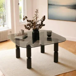 Tables Basses En Verre|Tables Basses Carrées|BOMA Table basse carrée en verre fumé - pieds bois sculpté