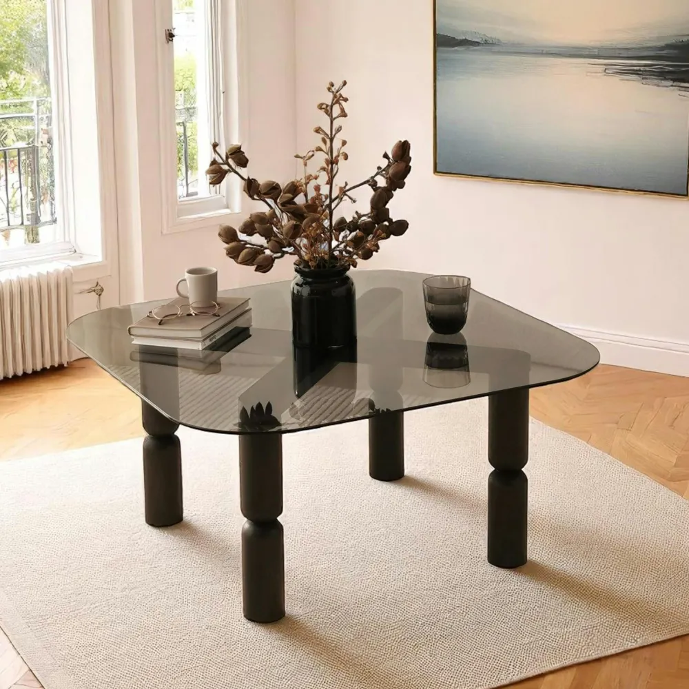 Tables Basses En Verre|Tables Basses Carrées|BOMA Table basse carrée en verre fumé - pieds bois sculpté