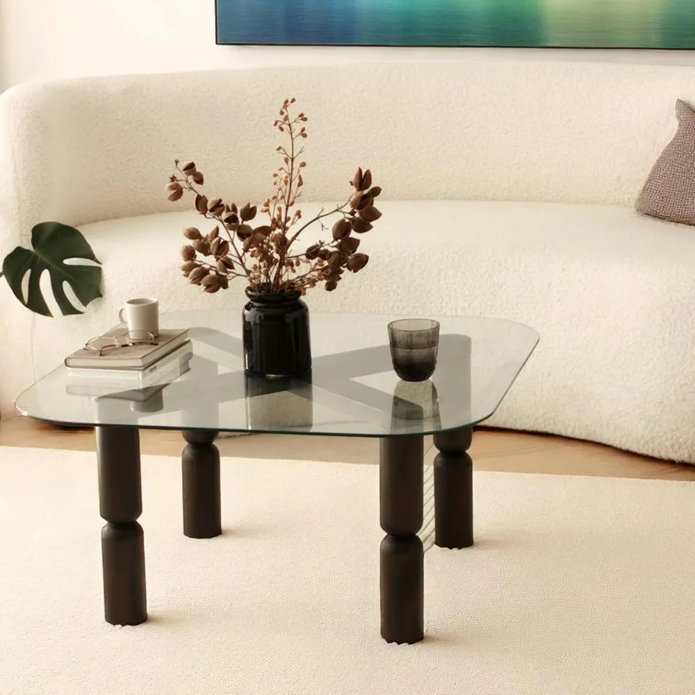 Tables Basses En Verre|Tables Basses Carrées|BOMA Table basse carrée en verre fumé - pieds bois sculpté