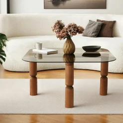 Tables Basses En Verre|Tables Basses Carrées|BOMA Table basse carrée en verre fumé - pieds bois marron sculpté