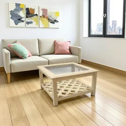 Tables Basses Carrées|Maori Table basse carrée Hévéa double plateaux - 1 vitré, 1 à croisillons - 80x80x45cm