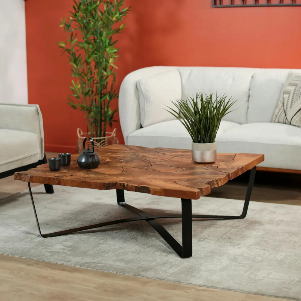 Tables Basses Carrées|Tables Basses Industrielles|BALTIMORE Table basse carrée teck massif recyclé D100 cm