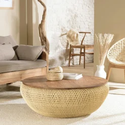 Tables Basses Rondes|Swing Table basse coffre ronde rotin beige et teck recyclé 66 cm