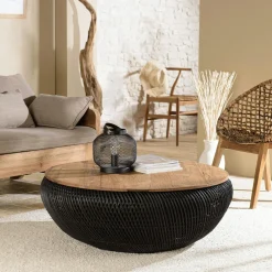 Tables Basses Rondes|Swing Table basse coffre ronde rotin beige et teck recyclé 66 cm