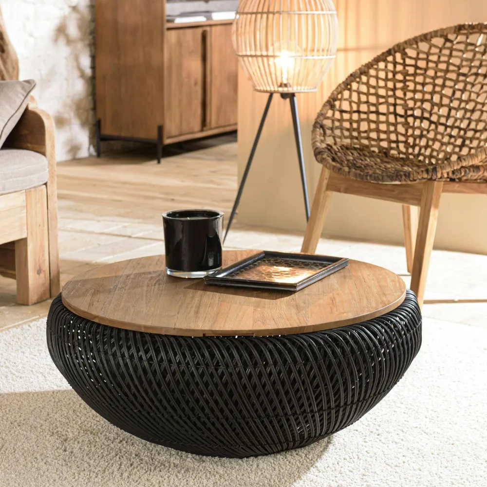 Tables Basses Rondes|Swing Table basse coffre ronde rotin beige et teck recyclé 66 cm