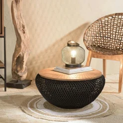 Tables Basses Rondes|Swing Table basse coffre ronde rotin beige et teck recyclé 66 cm