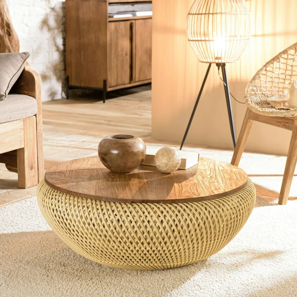 Tables Basses Rondes|Swing Table basse coffre ronde rotin beige et teck recyclé 81 cm
