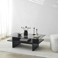 Tables Basses En Verre|SALTA Table basse design 2 plateaux, verre et effet noyer