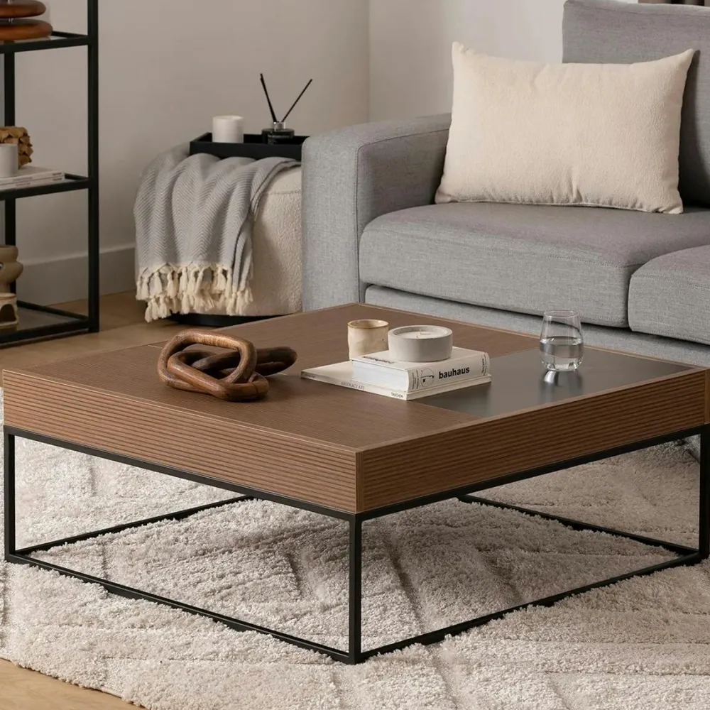 Tables Basses Carrées|JENA Table basse design carrée effet noyer & anthracite