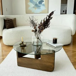 Tables Basses En Verre|Tables Basses Rondes|ANZIO Table basse design en verre - pied bois brun