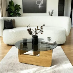 Tables Basses En Verre|Tables Basses Rondes|ANZIO Table basse design en verre - pied bois clair