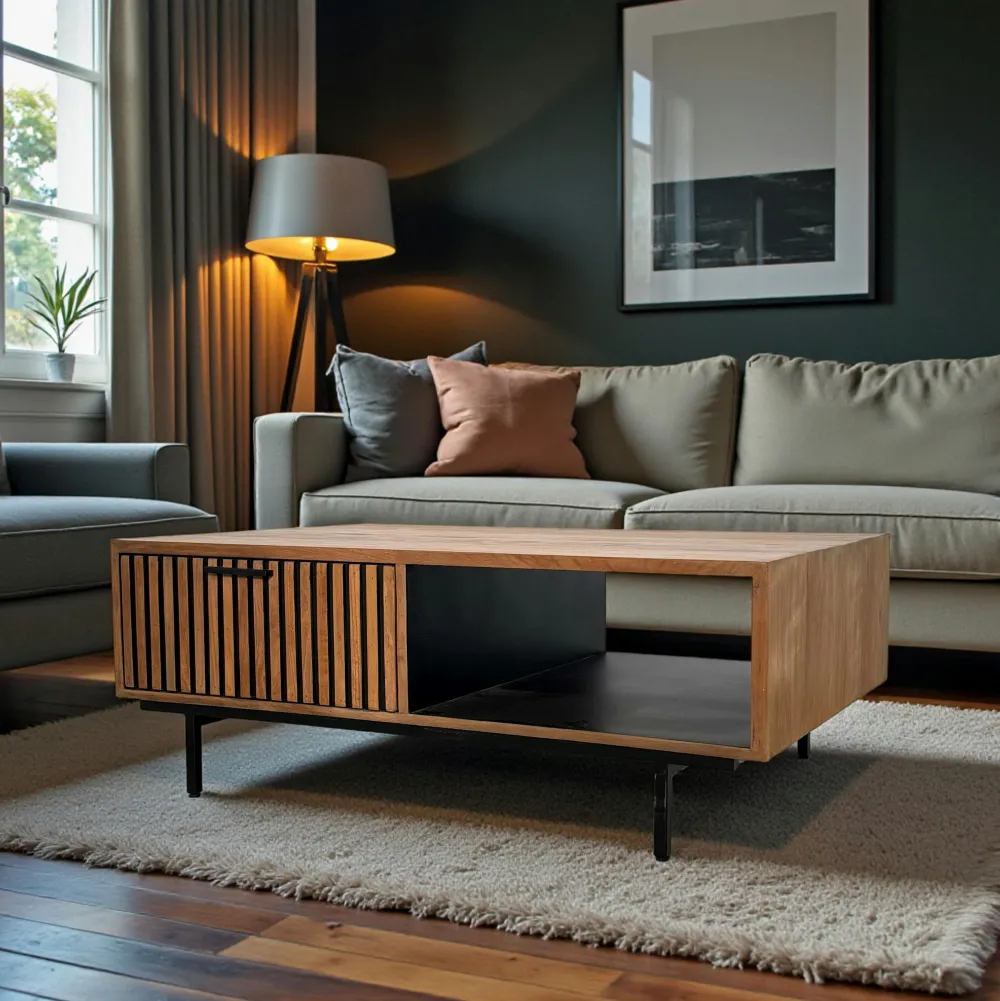 Tables Basses À Tiroirs|FANO Table basse design teck recyclé 2 tiroirs