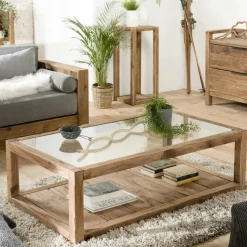 Univers Déco·Scandinave Hygge|Univers Déco·Maison De Campagne|DENVER Table basse double plateau en bois de pin recyclé et verre