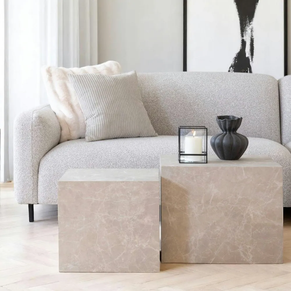 Tables Basses Carrées|Tables Basses Gigognes|TRINITE Table basse effet marbre beige - set de 2 cubes design