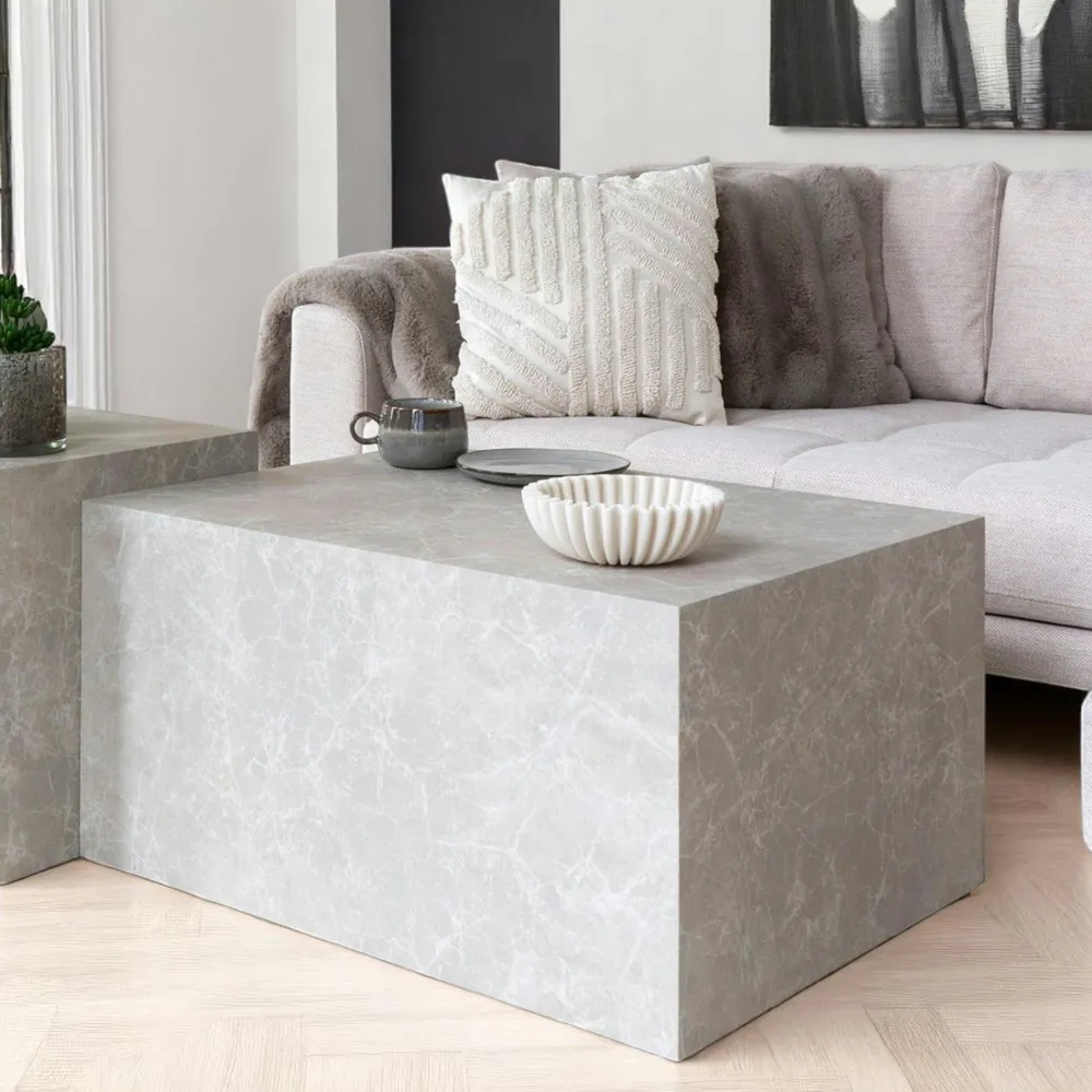 Tables Basses Carrées|Tables Basses Gigognes|TRINITE Table basse effet marbre beige - set de 2 cubes design