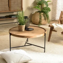 Tables Basses Industrielles|Swing Table basse en teck et métal bords arrondis 85 cm