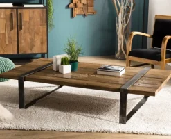 Tables Basses Industrielles| Table basse en Teck recyclé et pieds métal cerclés 164x90x36cm MATT