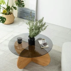 Tables Basses En Verre|Tables Basses Rondes|ANZIO Table basse en verre – pied en croix bois brun