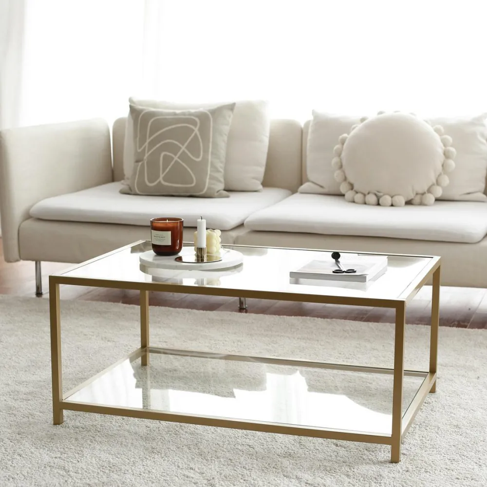 Tables Basses En Verre|TULUM Table basse en verre 2 plateaux, structure dorée