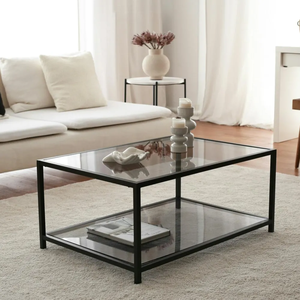 Tables Basses En Verre|TULUM Table basse en verre 2 plateaux, structure dorée