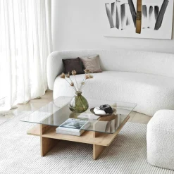 Tables Basses En Verre|Tables Basses Carrées|SALTA Table basse en verre carrée, base effet bois