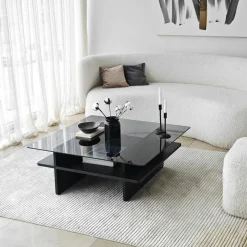 Tables Basses En Verre|Tables Basses Carrées|SALTA Table basse en verre carrée, base effet bois