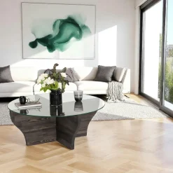 Tables Basses En Verre|Tables Basses Rondes|ANZIO Table basse en verre et bois clair - pied en X,