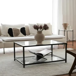 Tables Basses En Verre|TULUM Table basse en verre fumé rectangulaire, 2 plateaux