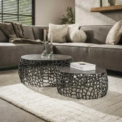 Tables Basses Gigognes| Table basse gigogne en métal gris motifs ajourés (2 pièces)