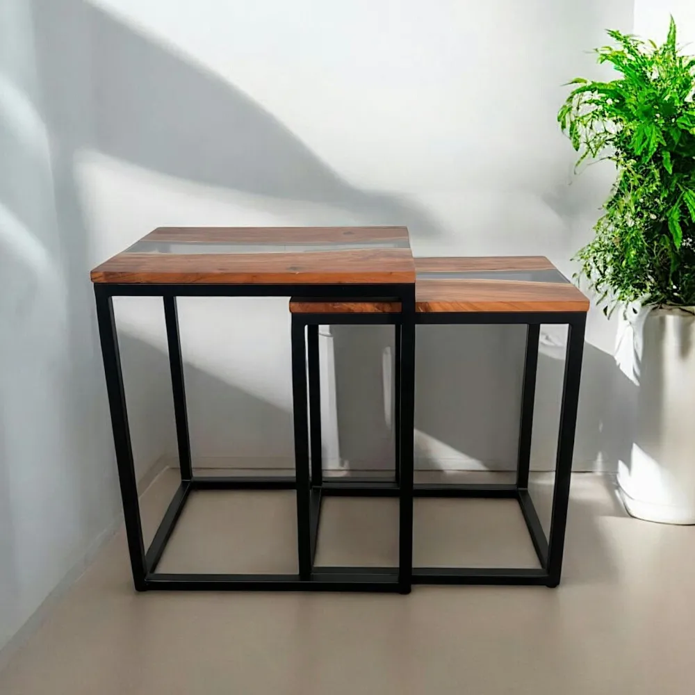 Sellettes En Métal|Tables Basses Gigognes|BORA Table basse gigogne époxy lagon et bois d'acacia (lot de 2)