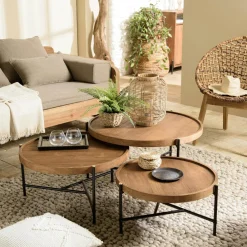 Tables Basses Gigognes|Tables Basses Industrielles|Swing Table basse gigogne ronde en teck recyclé (lot de 3)