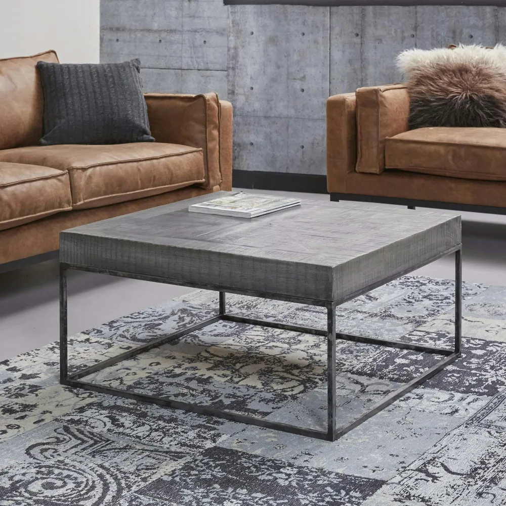 Tables Basses Carrées|Tables Basses Industrielles|Lucknow Table basse grise bois massif 80 cm