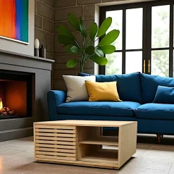 Tables Basses Carrées|New Orléans Table basse Hévéa 4 portes coulissantes Persiennes 100x100x45cm NEW ORLEANS