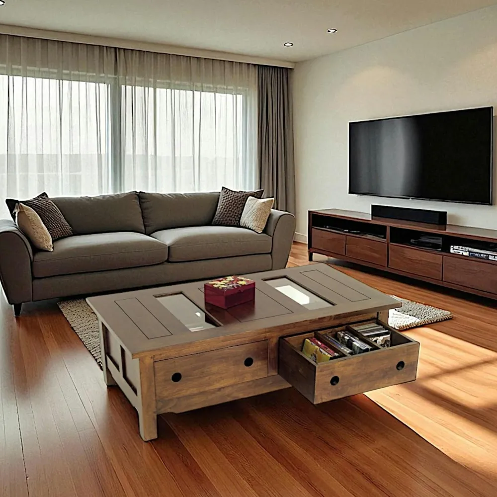 Tables Basses À Tiroirs|Tradition Table basse Hévéa 4 tiroirs, plateau bois avec 2 parties en verre 120x64x40cm