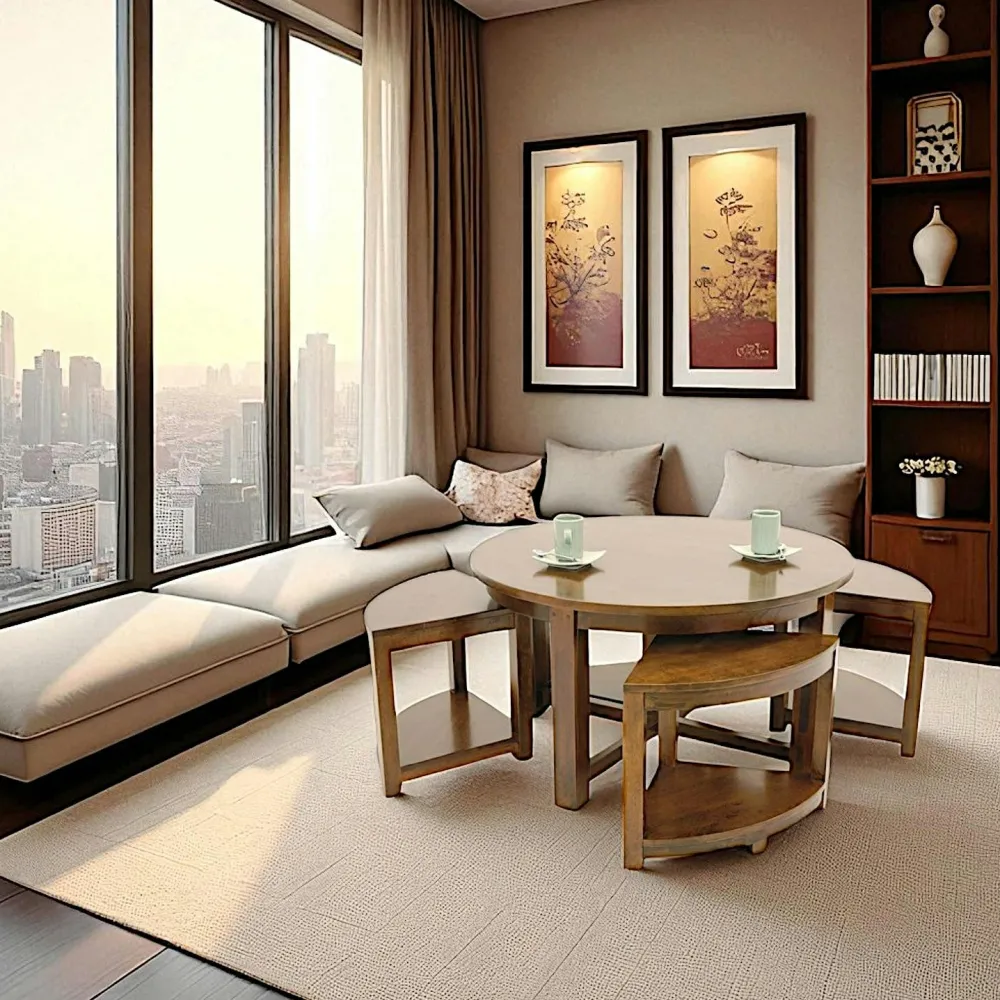 Tables Basses Rondes|Maori Table basse hévéa D90cm + 4 tabourets