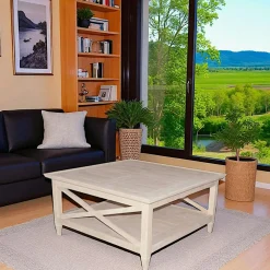 Tables Basses Carrées|Maori Table basse Hévéa double plateaux et côtés croisillons 90x90x45cm / TRADITION