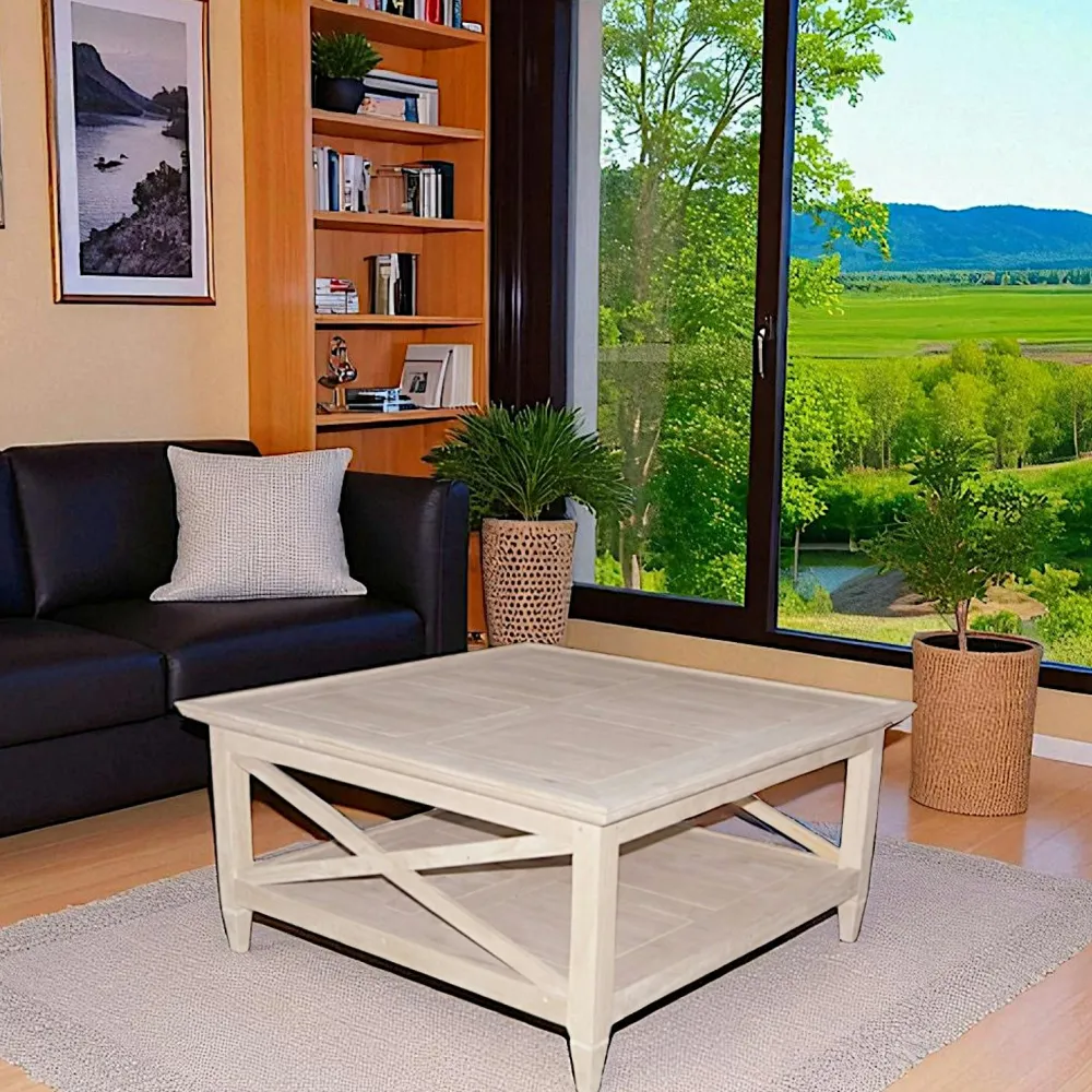 Tables Basses Carrées|Maori Table basse Hévéa double plateaux et côtés croisillons 90x90x45cm / TRADITION