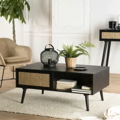 Tables Basses À Tiroirs|PALMA 2 Table basse noire avec cannage