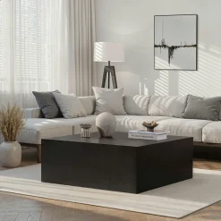 Tables Basses Carrées|MARFA Table basse noire carrée roulettes invisibles