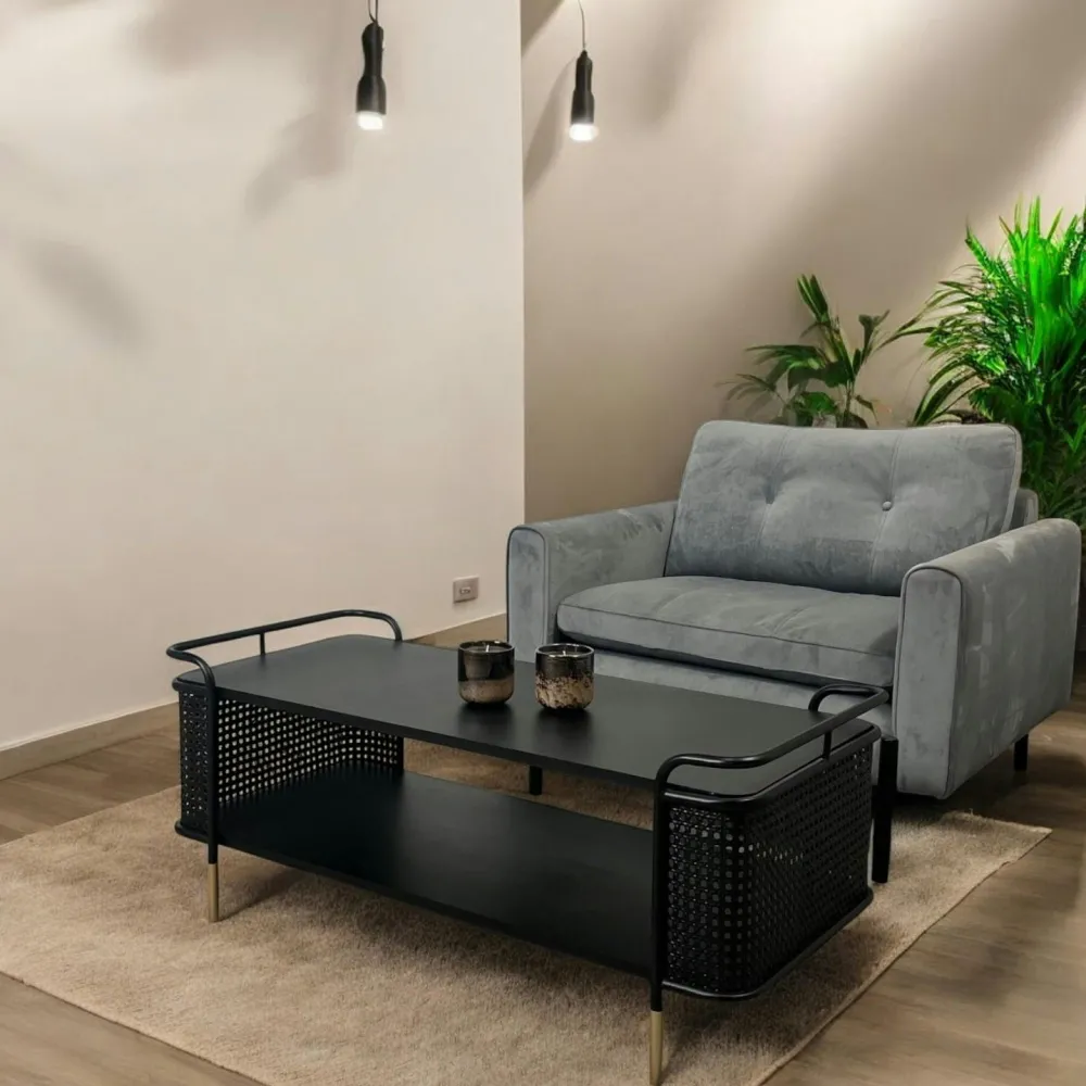 Tables Basses Vintage|Atelier Table basse noire pieds dorés double plateau