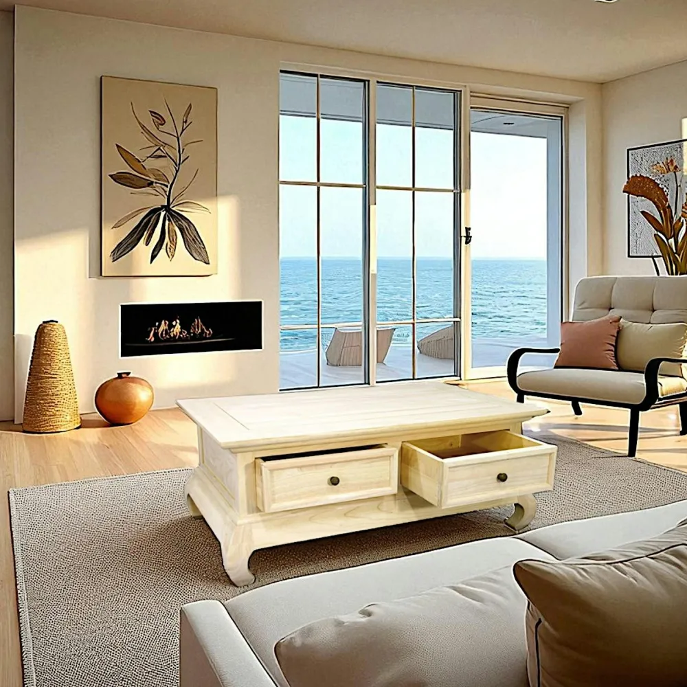 Tables Basses À Tiroirs|Maori Table basse Opium Hévéa 2 tiroirs 120x60x40cm