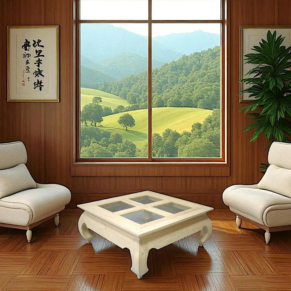 Tables Basses Carrées|Maori Table basse Opium vitrée Hévéa 4x4 carreaux 80x80x35cm