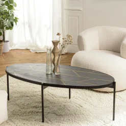 Tables Basses Industrielles|BIHAR Table basse ovale bois effet pierre rouille