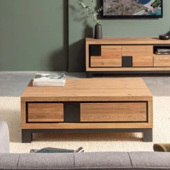 Tables Basses À Tiroirs|ARAD Table basse pin brossé carrés noirs