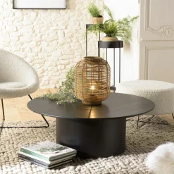 Tables Basses Rondes|Tables Basses Industrielles|CORUMBA Table basse ronde 80 cm bois et métal noir