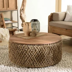 Tables Basses Rondes|Swing Table basse ronde 98 cm fibre tressée et bois