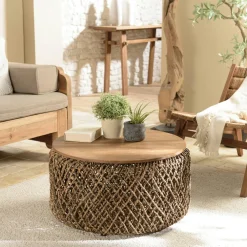 Tables Basses Rondes|Swing Table basse ronde 70 cm fibre tressée et bois